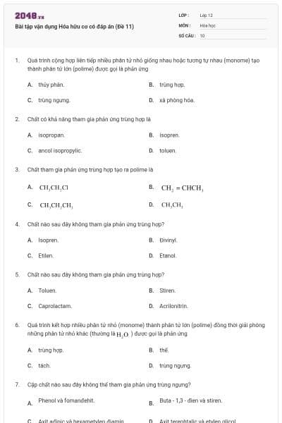 Bài tập vận dụng Hóa hữu cơ có đáp án (Đề 11)