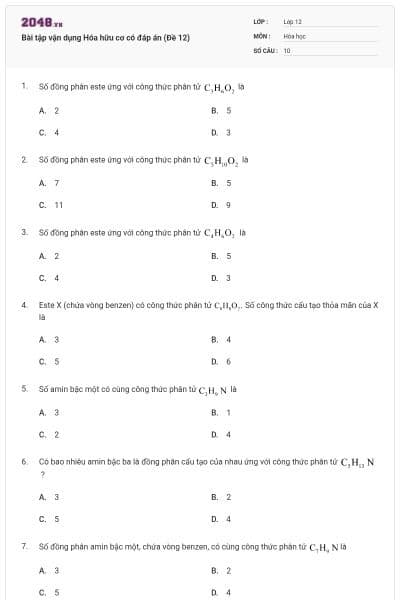 Bài tập vận dụng Hóa hữu cơ có đáp án (Đề 12)