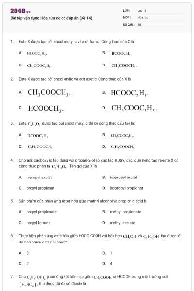 Bài tập vận dụng Hóa hữu cơ có đáp án (Đề 14)