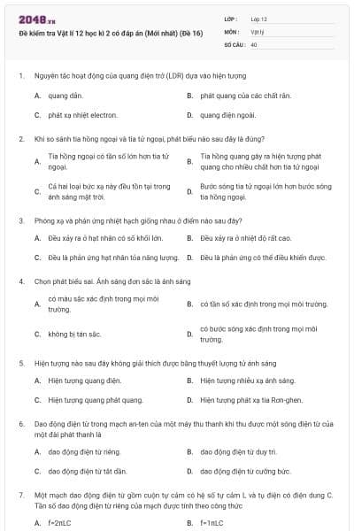 Đề kiểm tra Vật lí 12 học kì 2 có đáp án (Mới nhất) (Đề 16)