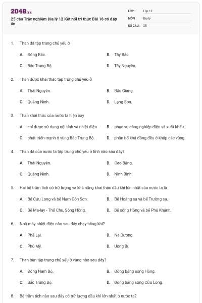 25 câu Trắc nghiệm Địa lý 12 Kết nối tri thức Bài 16 có đáp án