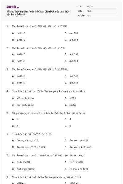 15 câu Trắc nghiệm Toán 10 Cánh Diều Dấu của tam thức bậc hai có đáp án