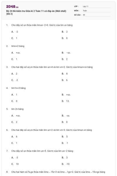 Bộ 24 Đề kiểm tra Giữa kì 2 Toán 11 có đáp án (Mới nhất) (Đề 2)