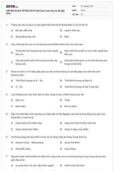 240 Bài thi thử TPTQG 2019 môn Địa lí cực hay có lời giải (P4)