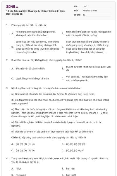 10 câu Trắc nghiệm Khoa học tự nhiên 7 Kết nối tri thức Bài 1 có đáp án