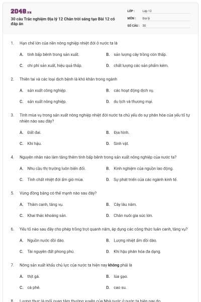 30 câu Trắc nghiệm Địa lý 12 Chân trời sáng tạo Bài 12 có đáp án