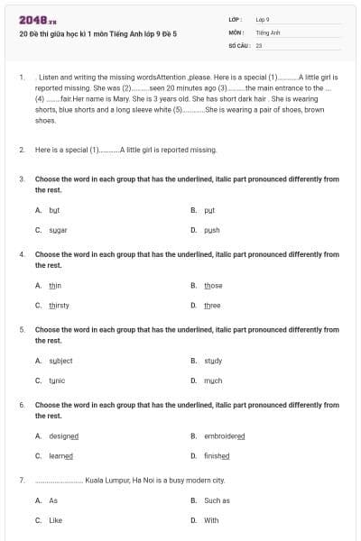 20 Đề thi giữa học kì 1 môn Tiếng Anh lớp 9 Đề 5