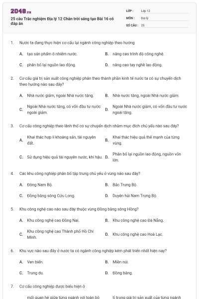 25 câu Trắc nghiệm Địa lý 12 Chân trời sáng tạo Bài 16 có đáp án