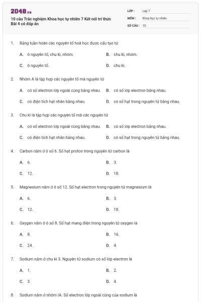 10 câu Trắc nghiệm Khoa học tự nhiên 7 Kết nối tri thức Bài 4 có đáp án