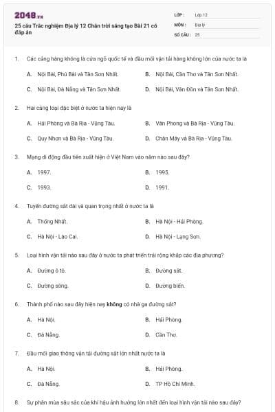 25 câu Trắc nghiệm Địa lý 12 Chân trời sáng tạo Bài 21 có đáp án