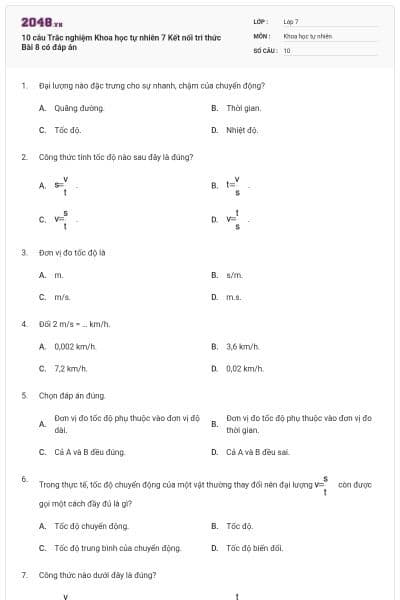 10 câu Trắc nghiệm Khoa học tự nhiên 7 Kết nối tri thức Bài 8 có đáp án