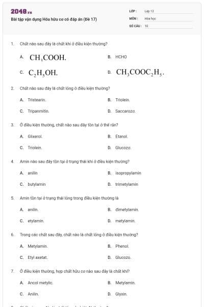 Bài tập vận dụng Hóa hữu cơ có đáp án (Đề 17)