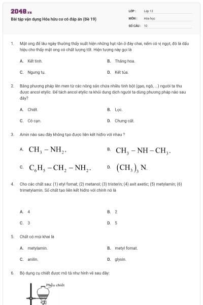 Bài tập vận dụng Hóa hữu cơ có đáp án (Đề 19)