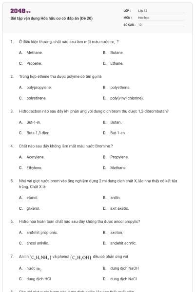 Bài tập vận dụng Hóa hữu cơ có đáp án (Đề 20)