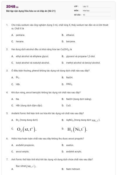 Bài tập vận dụng Hóa hữu cơ có đáp án (Đề 21)