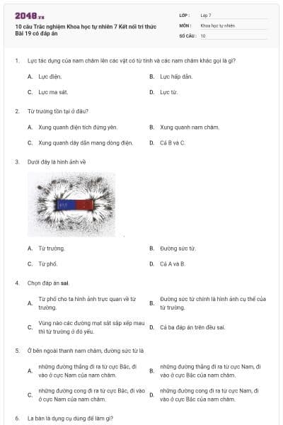 10 câu Trắc nghiệm Khoa học tự nhiên 7 Kết nối tri thức Bài 19 có đáp án