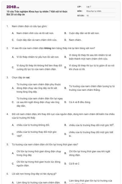 10 câu Trắc nghiệm Khoa học tự nhiên 7 Kết nối tri thức Bài 20 có đáp án