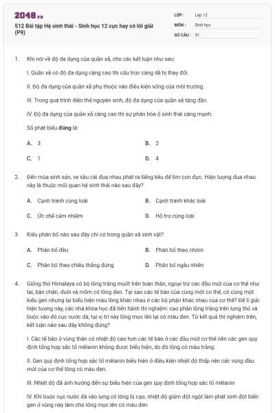 512 Bài tập Hệ sinh thái - Sinh học 12 cực hay có lời giải (P9)