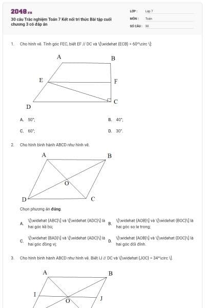 30 câu Trắc nghiệm Toán 7 Kết nối tri thức Bài tập cuối chương 3 có đáp án
