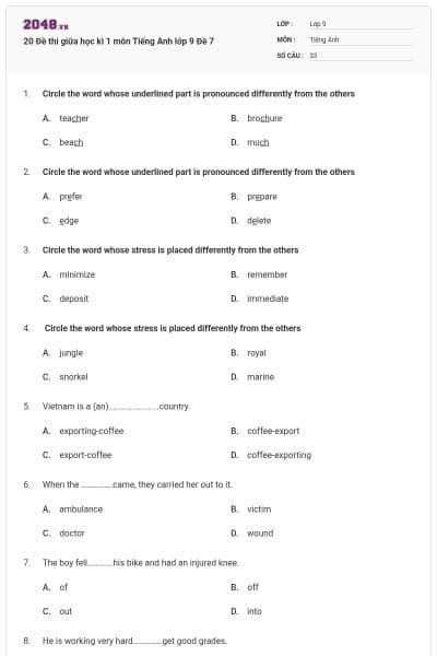 20 Đề thi giữa học kì 1 môn Tiếng Anh lớp 9 Đề 7
