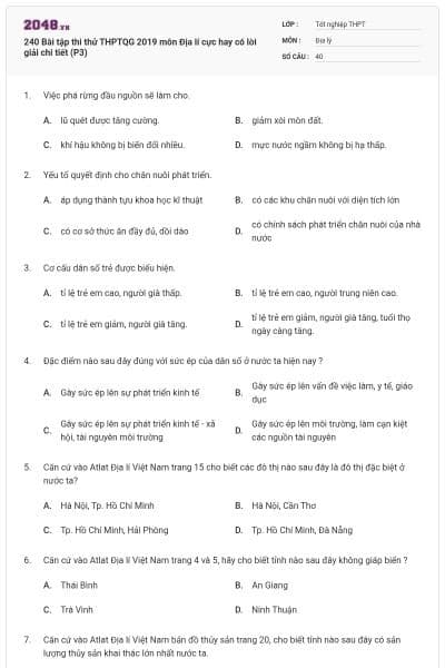 240 Bài tập thi thử THPTQG 2019 môn Địa lí cực hay có lời giải chi tiết (P3)
