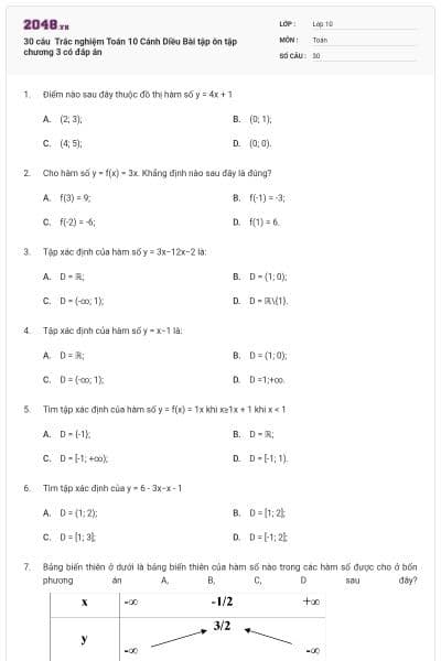 30 câu  Trắc nghiệm Toán 10 Cánh Diều Bài tập ôn tập chương 3 có đáp án