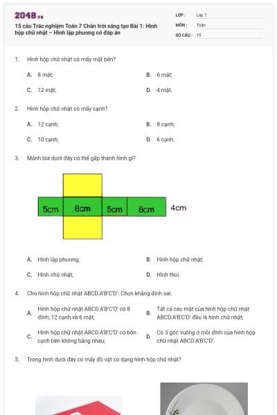 15 câu Trắc nghiệm Toán 7 Chân trời sáng tạo Bài 1: Hình hộp chữ nhật – Hình lập phương có đáp án