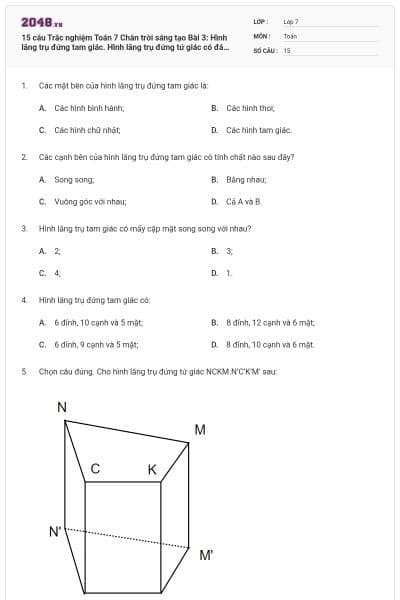 15 câu Trắc nghiệm Toán 7 Chân trời sáng tạo Bài 3: Hình lăng trụ đứng tam giác. Hình lăng trụ đứng tứ giác có đáp án