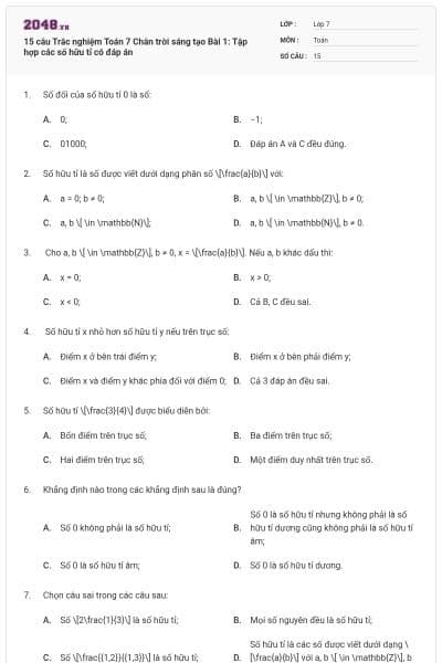 15 câu Trắc nghiệm Toán 7 Chân trời sáng tạo Bài 1: Tập hợp các số hữu tỉ có đáp án