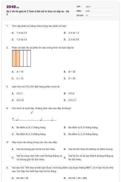 Bộ 2 đề thi giữa kì 2 Toán 6 Kết nối tri thức có đáp án - Đề 2