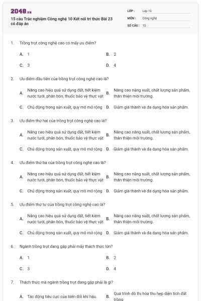 15 câu Trắc nghiệm Công nghệ 10 Kết nối tri thức Bài 23 có đáp án