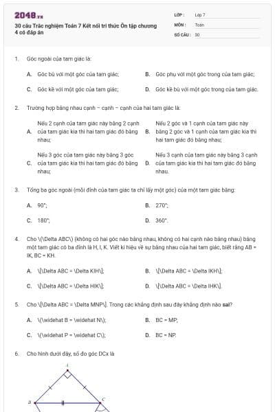 30 câu Trắc nghiệm Toán 7 Kết nối tri thức Ôn tập chương 4 có đáp án