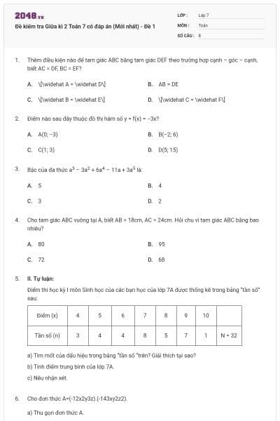 Đề kiểm tra Giữa kì 2 Toán 7 có đáp án (Mới nhất) - Đề 1