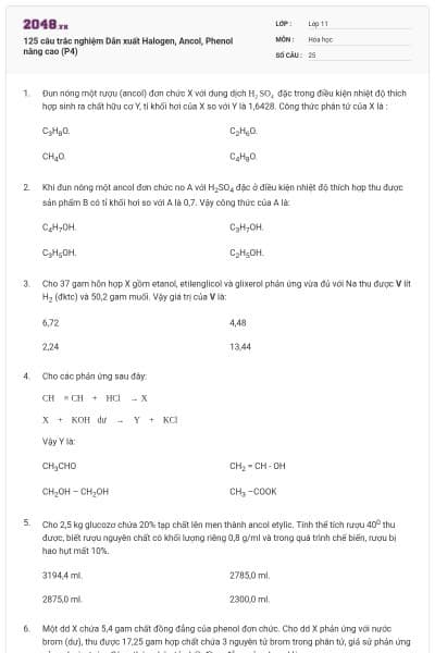 125 câu trắc nghiệm Dẫn xuất Halogen, Ancol, Phenol nâng cao (P4)