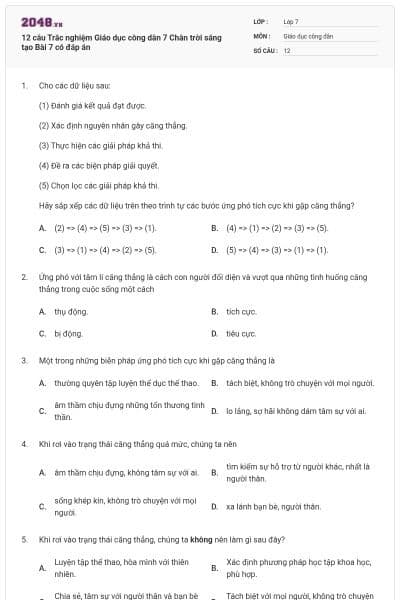 12 câu Trắc nghiệm Giáo dục công dân 7 Chân trời sáng tạo Bài 7 có đáp án