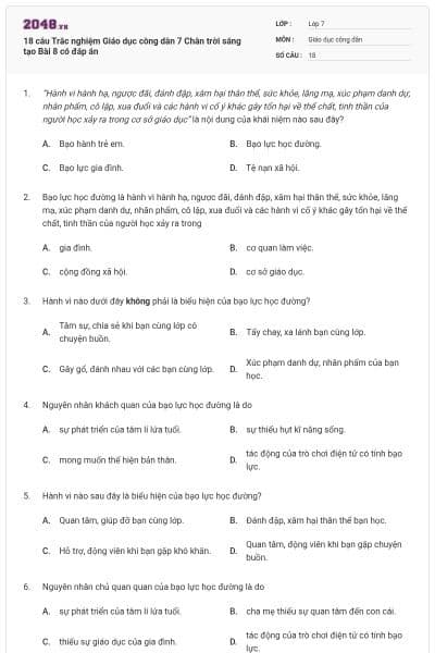 18 câu Trắc nghiệm Giáo dục công dân 7 Chân trời sáng tạo Bài 8 có đáp án