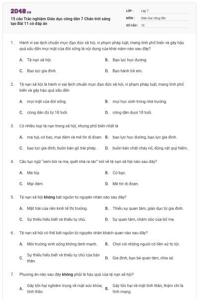 15 câu Trắc nghiệm Giáo dục công dân 7 Chân trời sáng tạo Bài 11 có đáp án