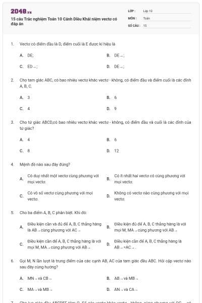 15 câu  Trắc nghiệm Toán 10 Cánh Diều Khái niệm vectơ có đáp án