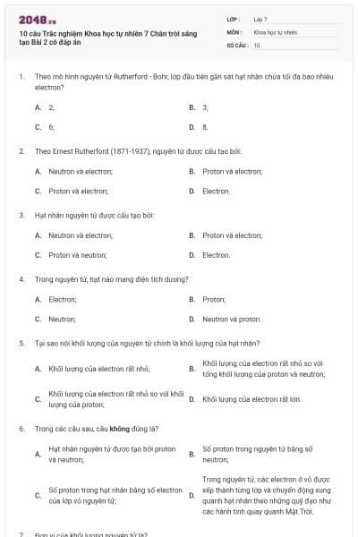 10 câu Trắc nghiệm Khoa học tự nhiên 7 Chân trời sáng tạo Bài 2 có đáp án