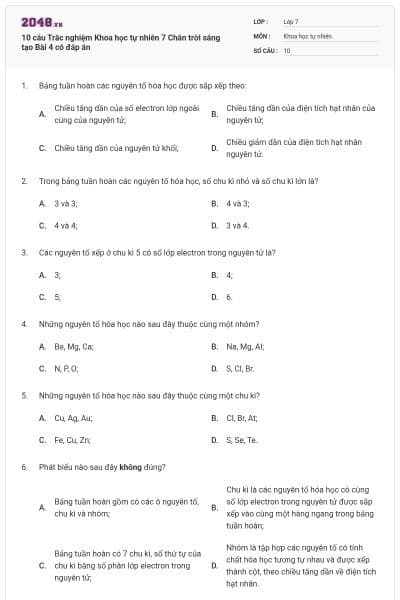 10 câu Trắc nghiệm Khoa học tự nhiên 7 Chân trời sáng tạo Bài 4 có đáp án