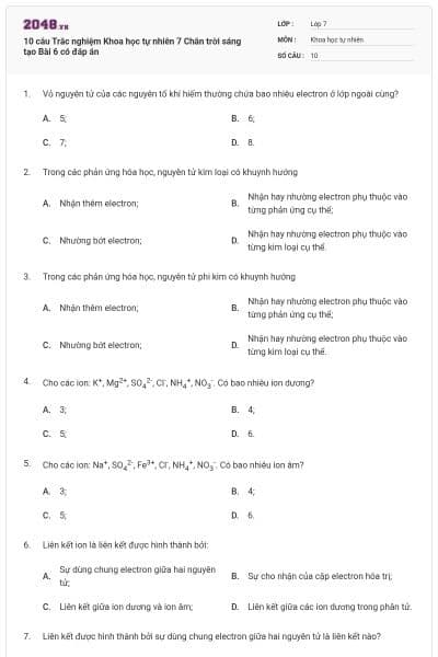 10 câu Trắc nghiệm Khoa học tự nhiên 7 Chân trời sáng tạo Bài 6 có đáp án