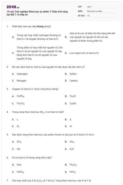 10 câu Trắc nghiệm Khoa học tự nhiên 7 Chân trời sáng tạo Bài 7 có đáp án