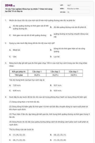 10 câu Trắc nghiệm Khoa học tự nhiên 7 Chân trời sáng tạo Bài 10 có đáp án