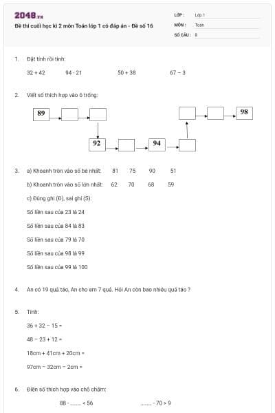 Đề thi cuối học kì 2 môn Toán lớp 1 có đáp án - Đề số 16
