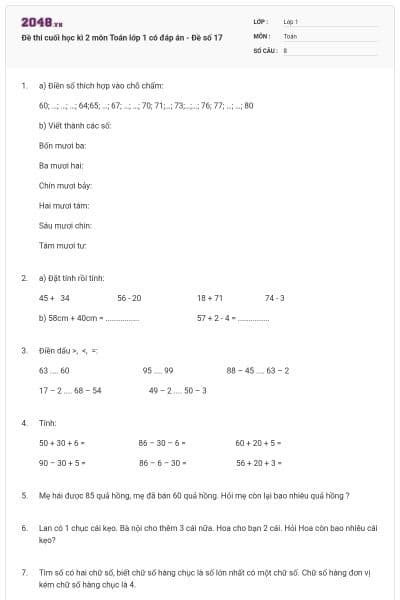 Đề thi cuối học kì 2 môn Toán lớp 1 có đáp án - Đề số 17
