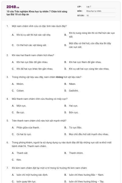 10 câu Trắc nghiệm Khoa học tự nhiên 7 Chân trời sáng tạo Bài 18 có đáp án