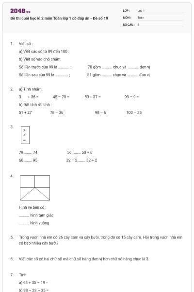 Đề thi cuối học kì 2 môn Toán lớp 1 có đáp án - Đề số 19