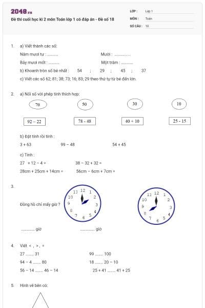 Đề thi cuối học kì 2 môn Toán lớp 1 có đáp án - Đề số 18