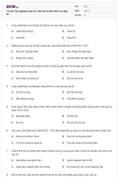 15 câu Trắc nghiệm Lịch sử 7 Kết nối tri thức Bài 2 có đáp án