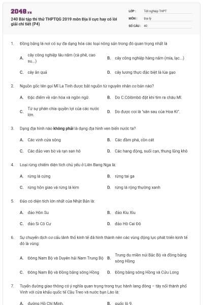 240 Bài tập thi thử THPTQG 2019 môn Địa lí cực hay có lời giải chi tiết (P4)